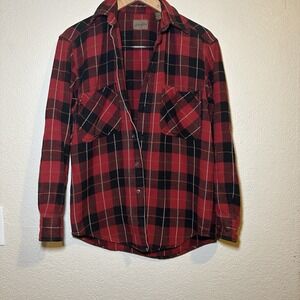 St John's Bay Mens Small Chico Flannel Red Black Plaid Cotton Button Front Shirt